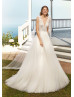 Plunging Neck Beaded Ivory Lace Tulle Wedding Dress